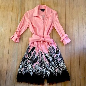 Pink and brown button down dress with tie at waist. Brown tulle on bottom edge.